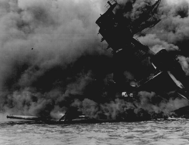 USS ARIZONA on fire and sinking